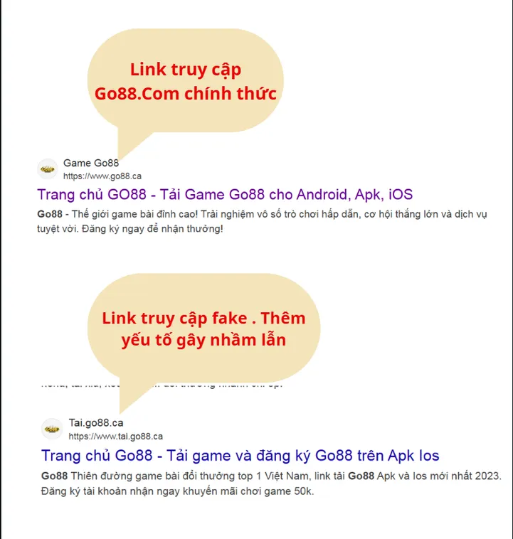 Tất cả đường dẫn bên trong link thật Go88.com đều trỏ tới các trang chuẩn, còn link giả Go88.com dẫn sang tên miền lạ.