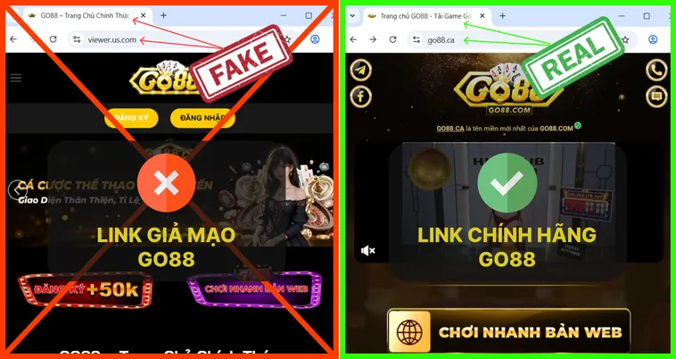 Link thật Go88.com không yêu cầu nhập mật khẩu hay OTP ở các trang trung gian, còn link giả Go88.com thường tạo form giả mạo.